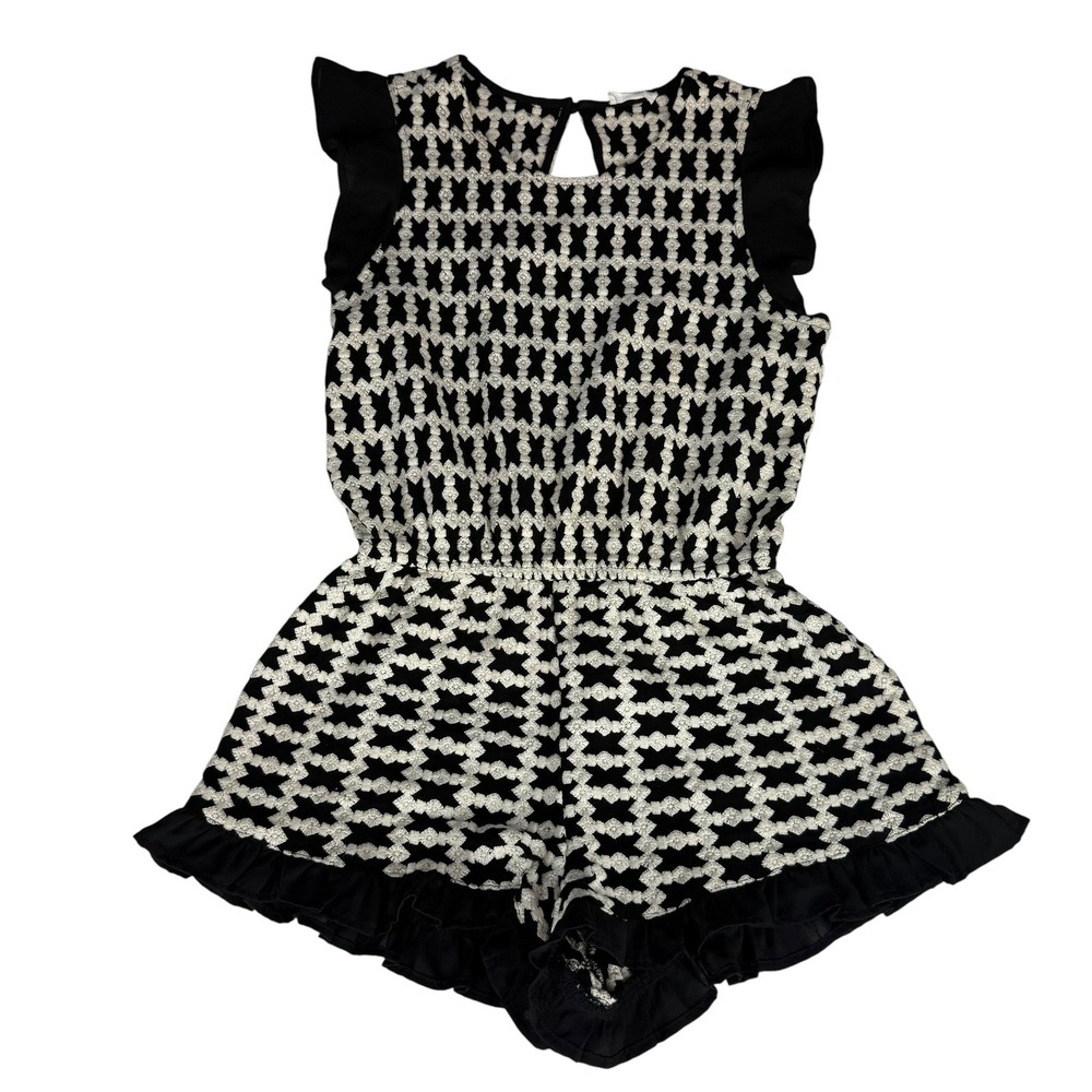 Glam Womens Black White Geometric Embroidered Ruffle Romper Medium